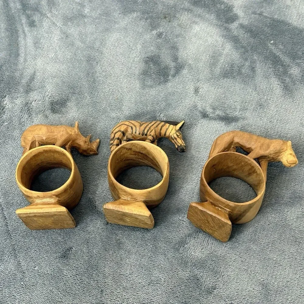 Set Of 3 African Safari Hand Carved Wooden Napkin Rings Vintage